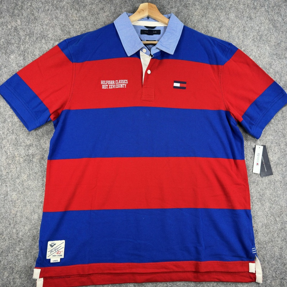 Tommy Hilfiger Polo Shirt Mens 2XL Red Blue Stripe Trim Fit Rugby